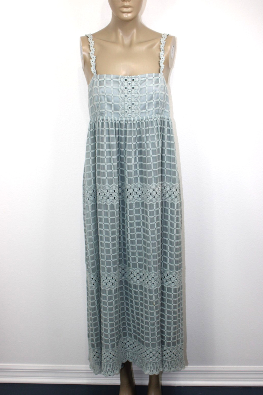 ALICE + OLIVIA Steel Grey Blue Smocked Eyelet Maxi Embroidered Dress Size M